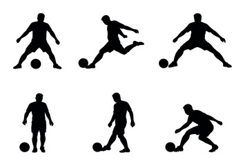 Silhouette soccer players in action poses with ball