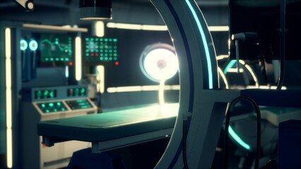 Bright lights reflect off sleek surfaces in a state of the art medical room. Monitors display data and equipment awaits, showcasing advanced technology for patient care after hours.