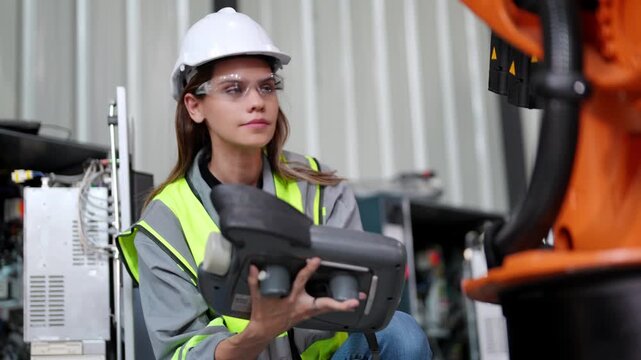 Female Engineer check and control welding robotics automatic arms machine in intelligent factory automotive industrial with monitoring system software. Digital manufacturing operation. Industry 4.0