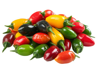 A vibrant collection of colorful chili peppers, showcasing a variety of shapes and hues Isolated Transparent Background, PNG