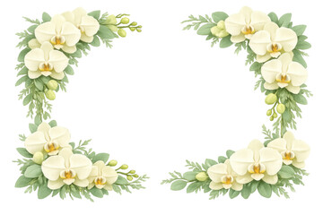 Fototapeta premium White orchid flowers and green botanical leaves creating a beautiful frame border. Transparent background, ideal for elegant design