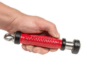 A man's hand firmly gripping a red grip strengthener Isolated Transparent Background, PNG