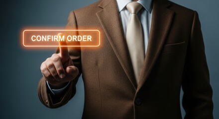 Businessman confirming order by touching a glowing virtual button on a dark background