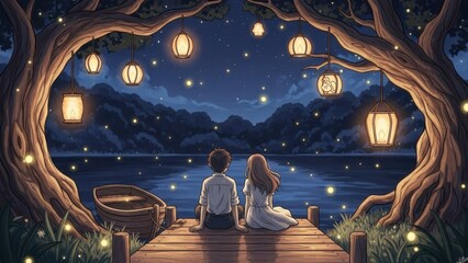 Couple enjoying romantic summer evening by serene lake with warm lanterns