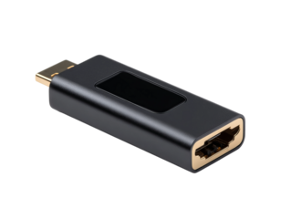 A close-up shot of a black HDMI adapter. The adapter has a modern, sleek design with gold accents and a rectangular shape Isolated Transparent Background, PNG