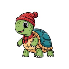 Obraz premium Cartoon Turtle Wearing Red Winter Hat.