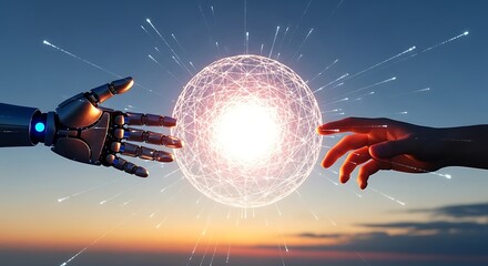 Robot hand and human hand touching a glowing network sphere at sunset