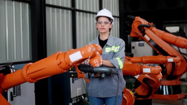 Female Engineer check and control welding robotics automatic arms machine in intelligent factory automotive industrial with monitoring system software. Digital manufacturing operation. Industry 4.0
