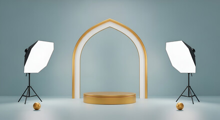 Islamic Arch Podium Mockup with Studio Lighting, Golden Geometric Stand for Product Display, Empty Stage Template for Presentation
