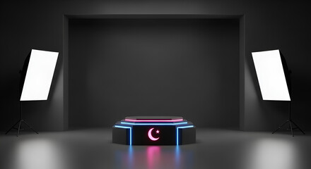 Islamic Crescent Moon Podium Mockup with Neon Lights, Empty Stage for Product Display, Modern 3D Render for Ramadan and Eid Celebrations