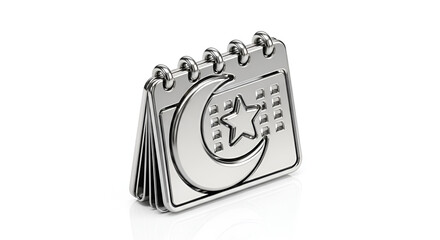 Islamic Calendar Moon Star Icon Mockup 3D Render Silver Metallic Symbol for Ramadan Eid Holiday Event Planning and Scheduling