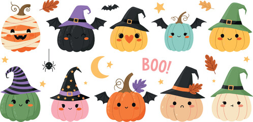 Naklejka premium Cute Halloween pumpkin characters vector illustration set with witches hats, bats, moon and spooky elements, pastel cartoon pumpkins for kids party decoration isolated
