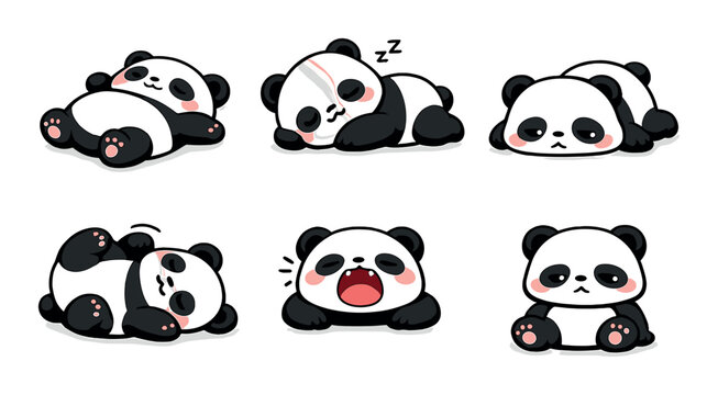 Cute cartoon pandas in various adorable sleeping and relaxing poses against gray background