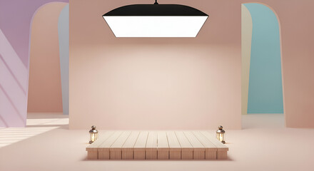 Minimalist Product Display Stage Mockup with Arches and Soft Lighting, Ideal for e-commerce and Branding Presentations