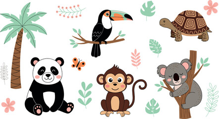 Fototapeta premium Cute jungle and forest animal illustration set with panda, monkey, koala, toucan, turtle, and tropical nature elements in playful flat vector style