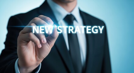 Businessman hand touching glowing new strategy text on a blue background