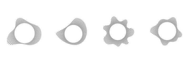 Circular sound waves, depicting audio music, round symbols of voice, icons and logos for equalizers, radial spectrum designs, ring patterns. Flat vector illustrations isolated on white background.