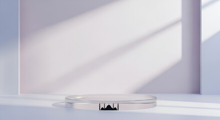 Minimalist Transparent Podium Mockup with Islamic Silhouette and Soft Light Shadows, Product Display Template for Branding and Presentation