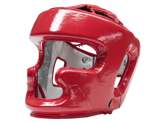 A close-up shot of a red boxing headgear, a protective piece of equipment for contact sports. It features a glossy finish and padding Isolated Transparent Background, PNG