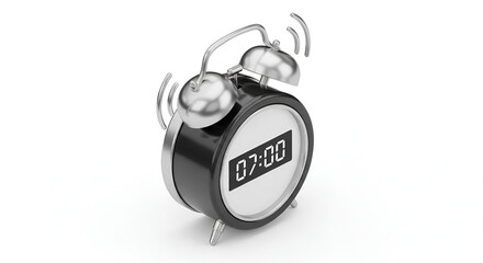 Retro Alarm Clock Ringing at 7:00 AM, Vintage Style Metal Twin Bell Clock with Hammer, Isolated on White Background, Morning Wake-up Concept Mockup