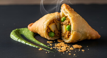 Samosa split in half showing delicious potato and pea filling, served with vibrant green chutney and garnished with crispy crumbs, appetizing Indian snack photography