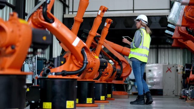 Professional female Automation explores a robotics factory filled with orange robotic arms. The area showcases various machines and equipment. Safety gear is worn during the walk through the facility.