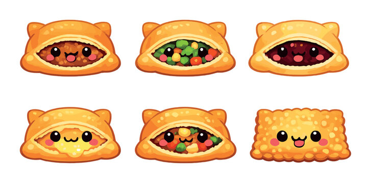 Cute cartoon empanadas with expressive faces and varied fillings