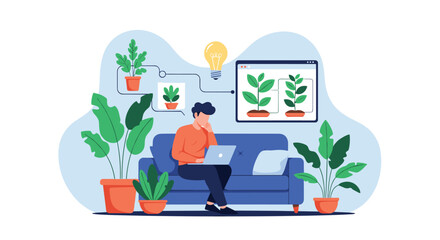 Man working on his laptop from a cozy sofa at home, researching and learning about indoor plants and urban gardening online.