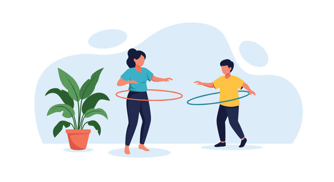 Mother and son having fun while exercising together at home with hula hoops, promoting a healthy and active family lifestyle.