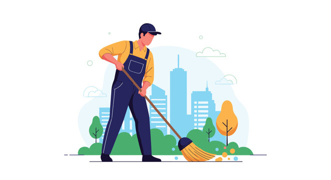 Male janitor in uniform sweeping the street in a city park, providing essential cleaning and maintenance services for the public.