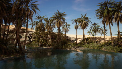 Obraz premium Lush green palm trees surround a tranquil oasis, reflecting on clear waters. Golden sands rise in the background, creating a serene escape on a sunny day.