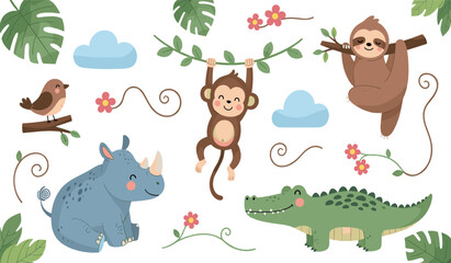 Fototapeta premium Cute jungle animal illustration set with monkey, sloth, crocodile, rhino, birds, and tropical leaves for kids nursery and playful flat vector design
