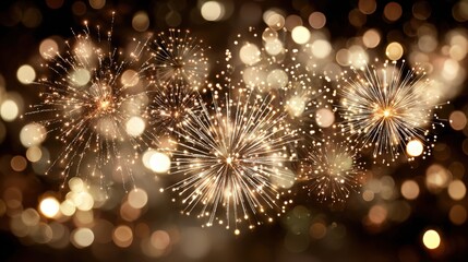 Brilliant golden pyrotechnics burst across a dark night sky creating a festive scene