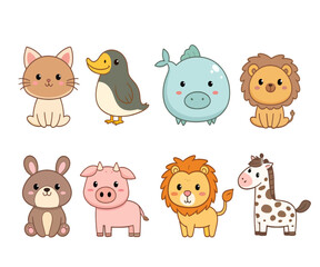 Fototapeta premium Cute Animal Vector Set with Cat, Duck, Hippo, Lion, Bunny, Pig, Giraffe – Adorable Cartoon Wildlife Icons for Kids Designs & Illustrations