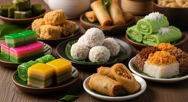 Assortment of Colorful Southeast Asian Desserts and Snacks Photography Food Display