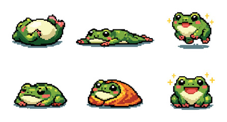 Naklejka premium Cute pixel art frogs in various poses with adorable expressions