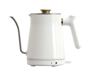 A modern and elegant white electric kettle, perfect for brewing coffee or tea. The design is sleek, with a gooseneck spout and ergonomic handle Isolated Transparent Background, PNG