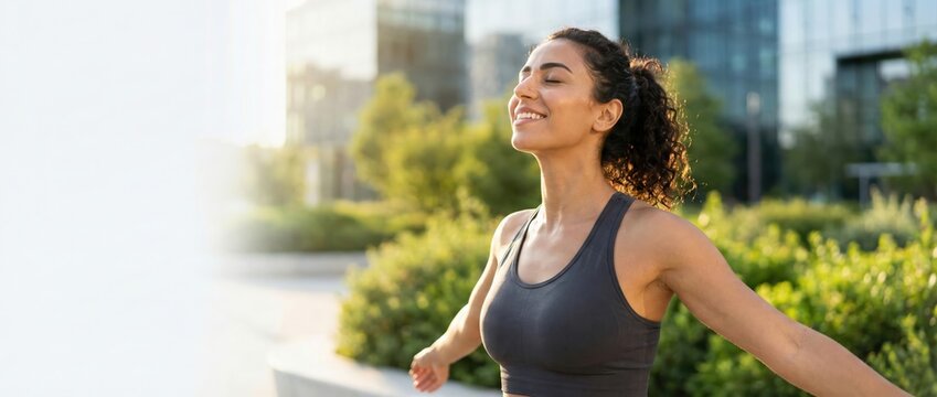 Woman with arms outstretched in a city park, breathing deeply and smiling with eyes closed, enjoying a moment of peace and freedom after a workout Concept of wellness, health, and urban lifestyle
