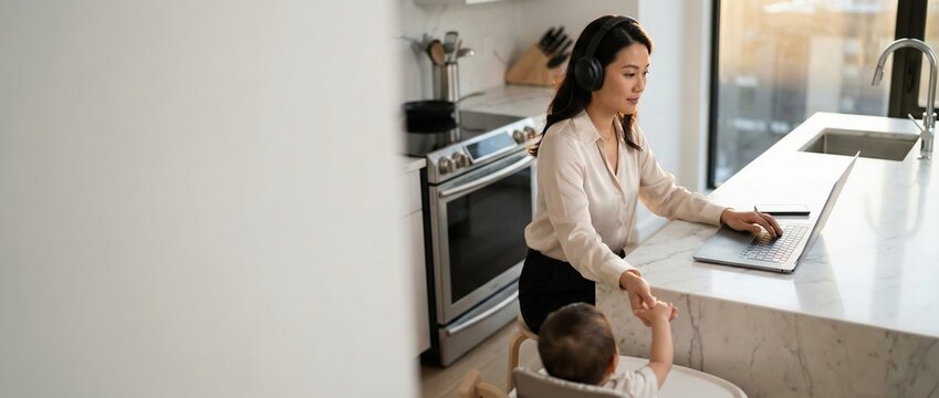 Asian woman working on laptop with baby in kitchen, multitasking parent balancing career and family life, headphones on, focused, warm natural light
