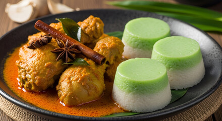 Authentic Malaysian Chicken Curry with Pandan Coconut Rice Cakes Photography for Culinary Advertising and Food Blogs