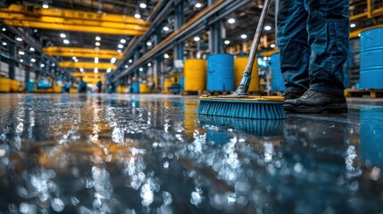 Worker mops a wet, reflective industrial floor under bright lights in a large factory