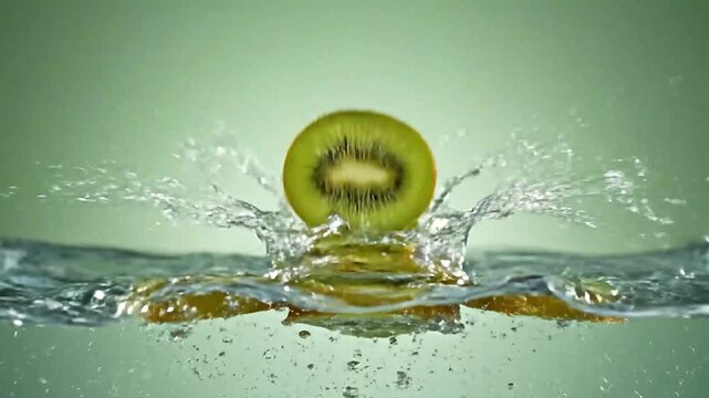 Cinematic kiwi splash with crown droplets and underwater motion in a bright, clean sage studio.
