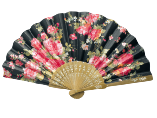 A close-up shot of an open, vibrant floral hand fan, intricately designed with blooming flowers Isolated Transparent Background, PNG