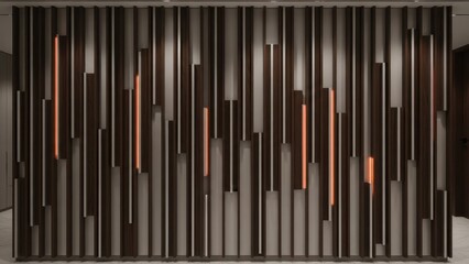 Modern office interior design with wooden slat wall and ambient lighting