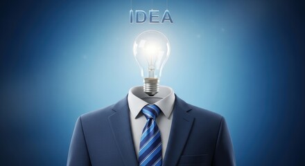 Businessman with an illuminated light bulb head concept on a dark blue background