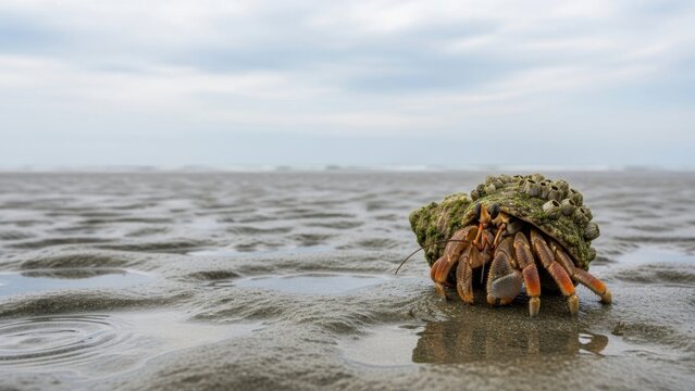 Hermit crab walking on wet sandy beach