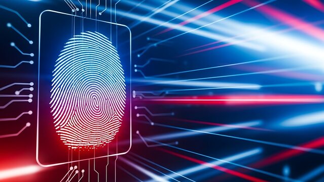 Digital fingerprint scan with neon lights on circuit board background - Powered by Adobe