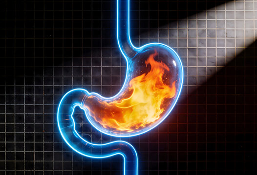 Glowing stomach organ depicted with burning flames signifying acid reflux inflammation against background with spotlight and tile