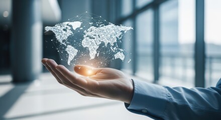 Hand displaying a digital world map network hologram in a bright office environment