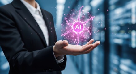 Business hand holding glowing artificial intelligence neural network in a server room